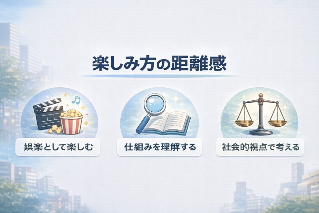 マジックミラー号をどういう距離感で楽しむかを3つの視点（娯楽・仕組み理解・社会的視点）で示した横長インフォグラフィック。