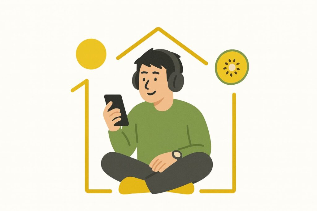 スマホを手にリモートワークをしながら配信サービスや作品を楽しむ「ゴールデンキウイ」管理人の自己紹介イラスト