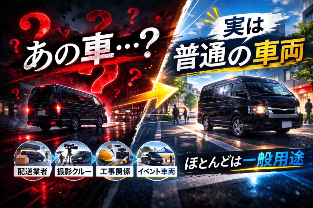 街で見かけるマジックミラー号風トラックの正体を解説する横長サムネイル画像。暗い疑問演出と明るい一般車両の対比構図。