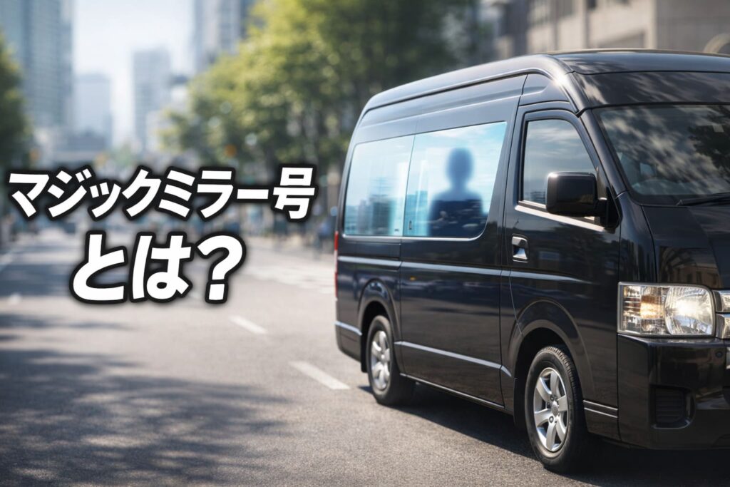 黒いワンボックス車と「マジックミラー号とは？」の文字が入った解説用アイキャッチ画像。