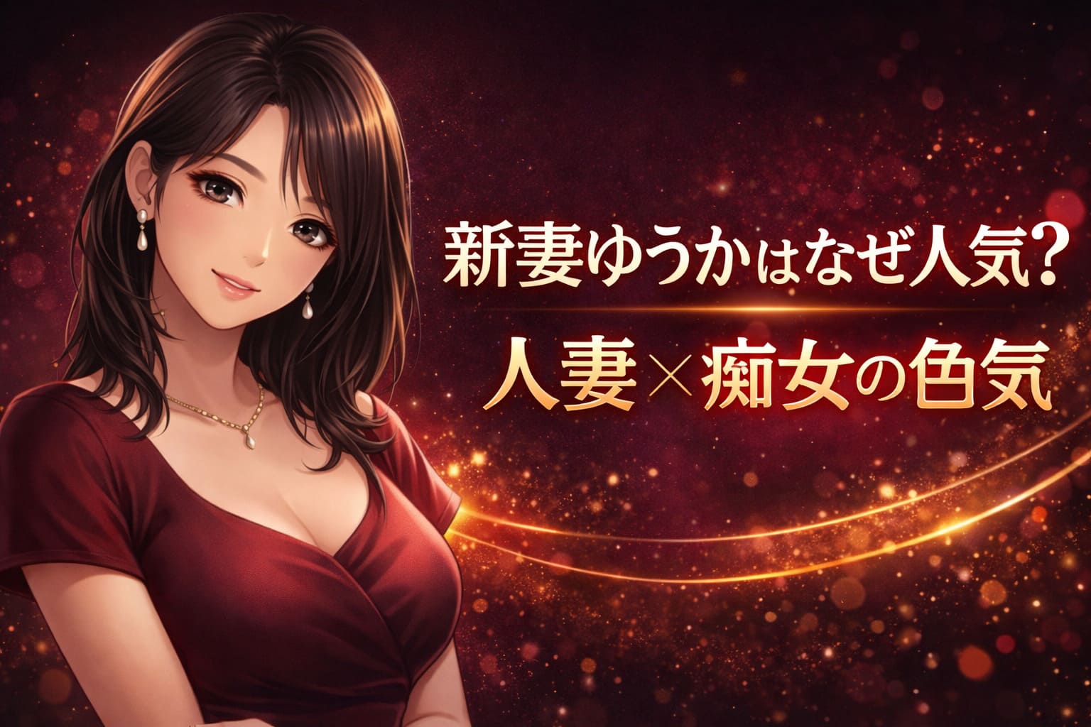 新妻ゆうかはなぜ人気？人妻×痴女の色気と書かれたワインレッド背景のアニメ調アイキャッチ画像