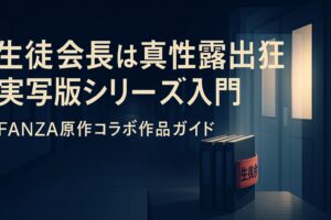 夜の学校の廊下と生徒会室を抽象的に描いた背景に「生徒会長は真性露出狂 実写版シリーズ入門」「FANZA原作コラボ作品ガイド」というタイトルコピーが大きく配置されたアイキャッチ画像
