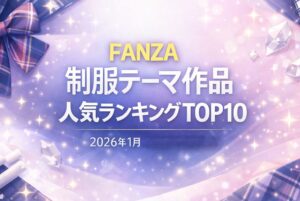 FANZA 制服テーマ作品 人気ランキングTOP10（2026年1月・編集部独自調査）｜ネイビーと淡いピンク基調の抽象アイキャッチイラスト