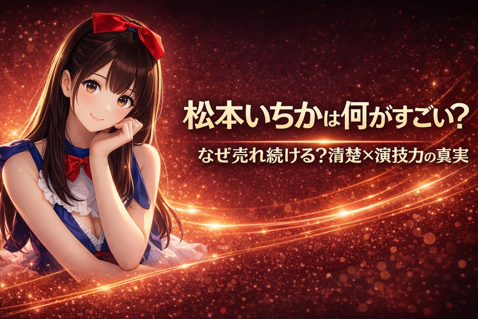 松本いちかは何がすごい？なぜ売れ続ける？清楚×演技力の真実と書かれた赤系背景のアニメ調アイキャッチ画像