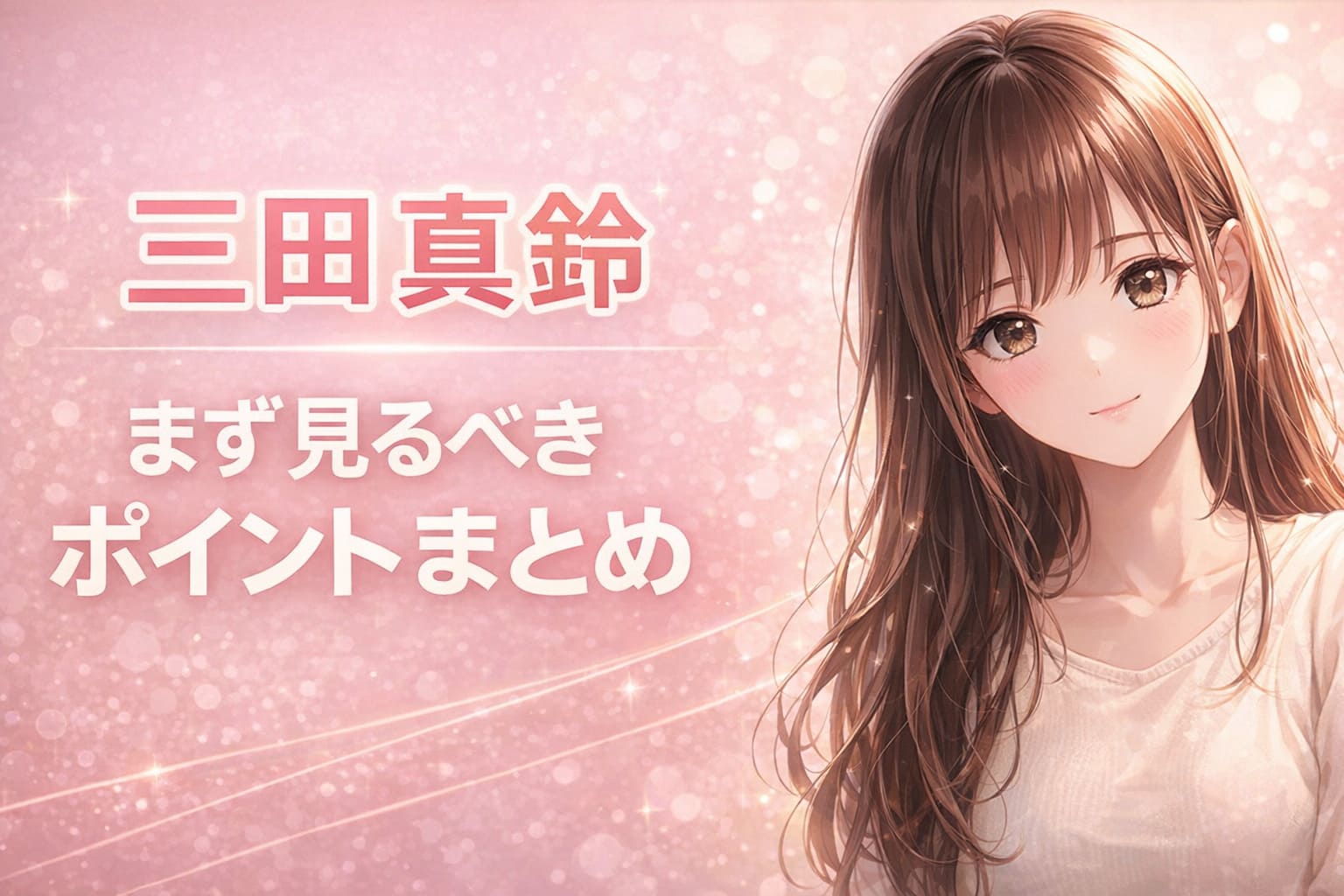 三田真鈴 まず見るべきポイントまとめのアイキャッチ画像。ピンクのグラデーション背景にアニメ調キャラクターと大きな白文字タイトルを配置したデザイン。