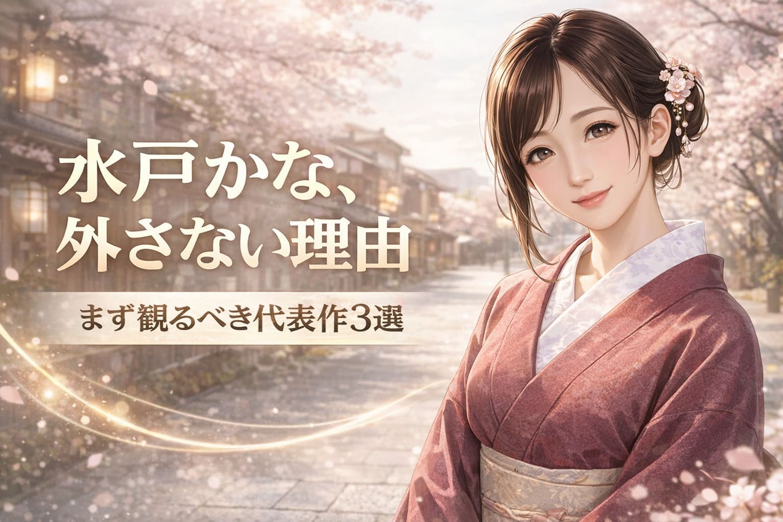 和風の街並みを背景に「水戸かな、外さない理由 まず観るべき代表作3選」と大きく表示し、右側に和装のアニメ調女性キャラクターを配置した21:9ヒーロー画像