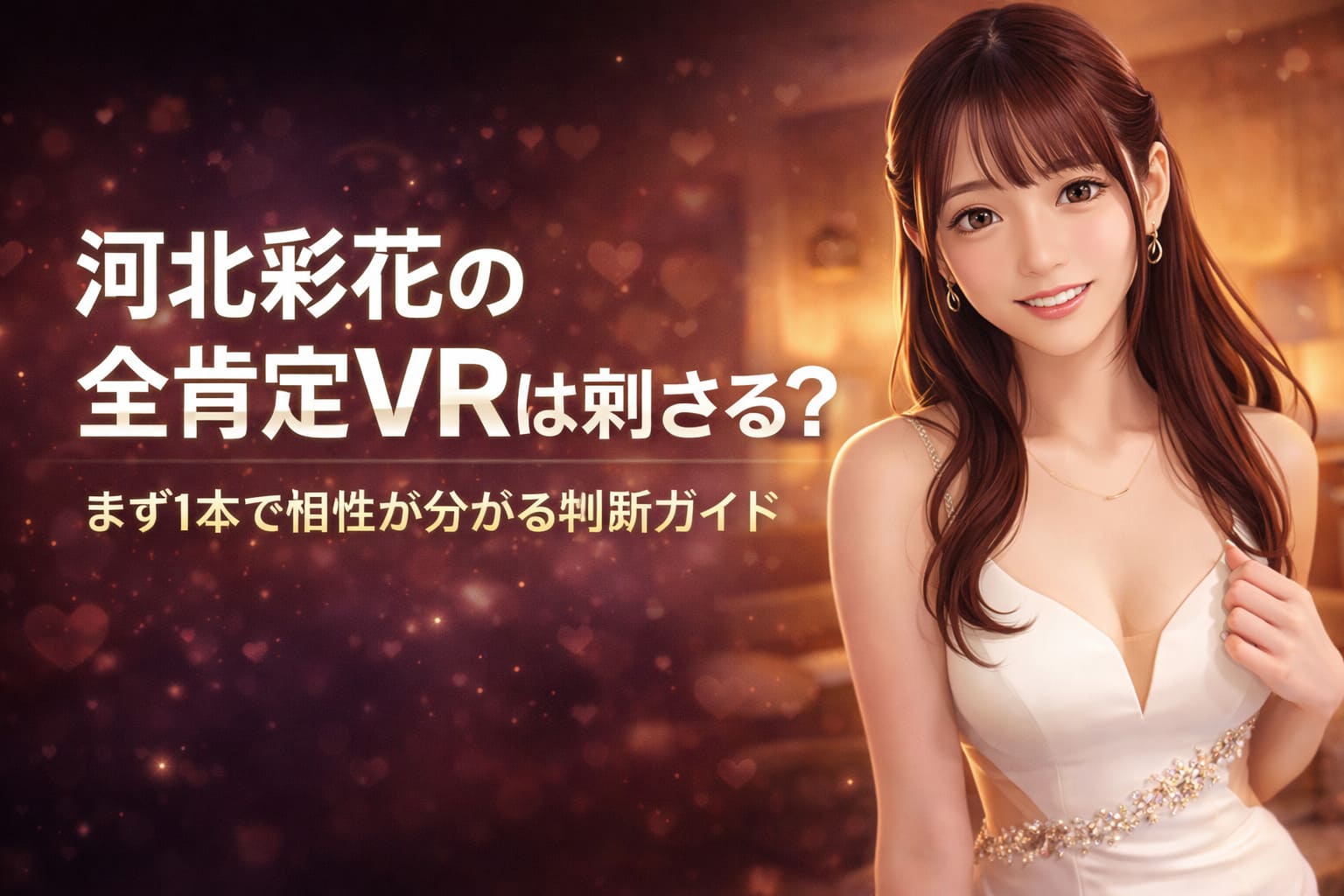 ブラックからディープボルドーの高級感あるグラデーション背景に、上品なドレス姿のアニメ調女性キャラクターと大きな白文字で「河北彩花の全肯定VRは刺さる？」「まず1本で相性が分かる判断ガイド」と配置した21:9横長のブログ用アイキャッチ画像