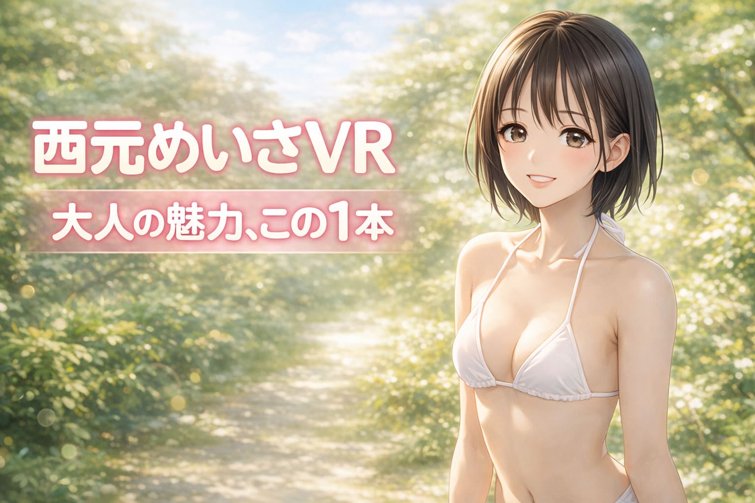 西元めいさVRのおすすめ作品を紹介するアイキャッチ画像。アニメ風の女性イラストと「西元めいさVR」「まずはこの1本」の大きな文字入り。