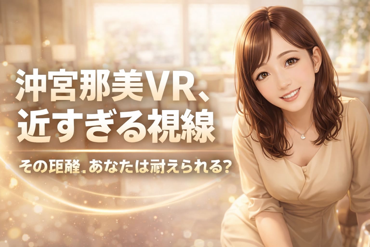 明るいラウンジ風背景に大きく「沖宮那美VR、近すぎる視線 その距離、あなたは耐えられる？」と表示し、右側に上品なアニメ調女性キャラクターを配置した21:9ヒーロー画像