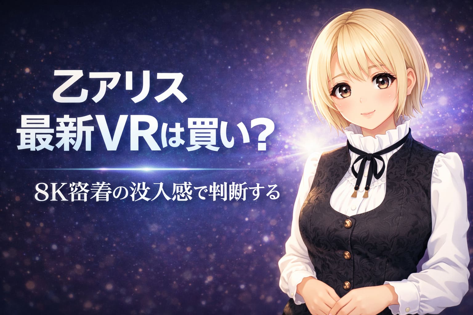 乙アリスの最新VRは買いかを検証するレビュー記事のアイキャッチ。8K密着の没入感をテーマにしたアニメ風横長バナー画像。