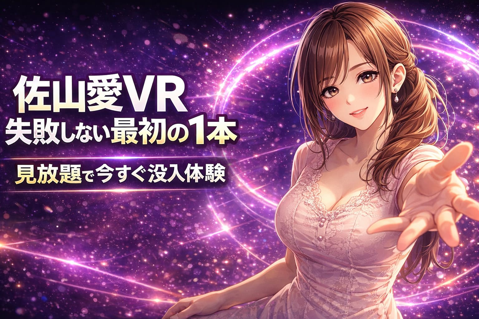 佐山愛VRの失敗しない最初の1本を訴求する成約特化アイキャッチ。人妻寄りの大人女性アニメイラストと紫系VR空間背景、大きな白文字を配置。
