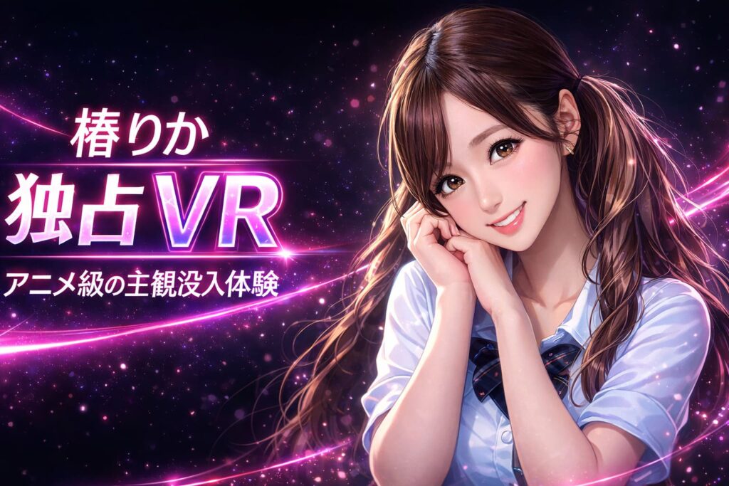 椿りか独占VRのアニメ級主観没入体験を訴求するネオンピンク演出の横長アイキャッチ画像