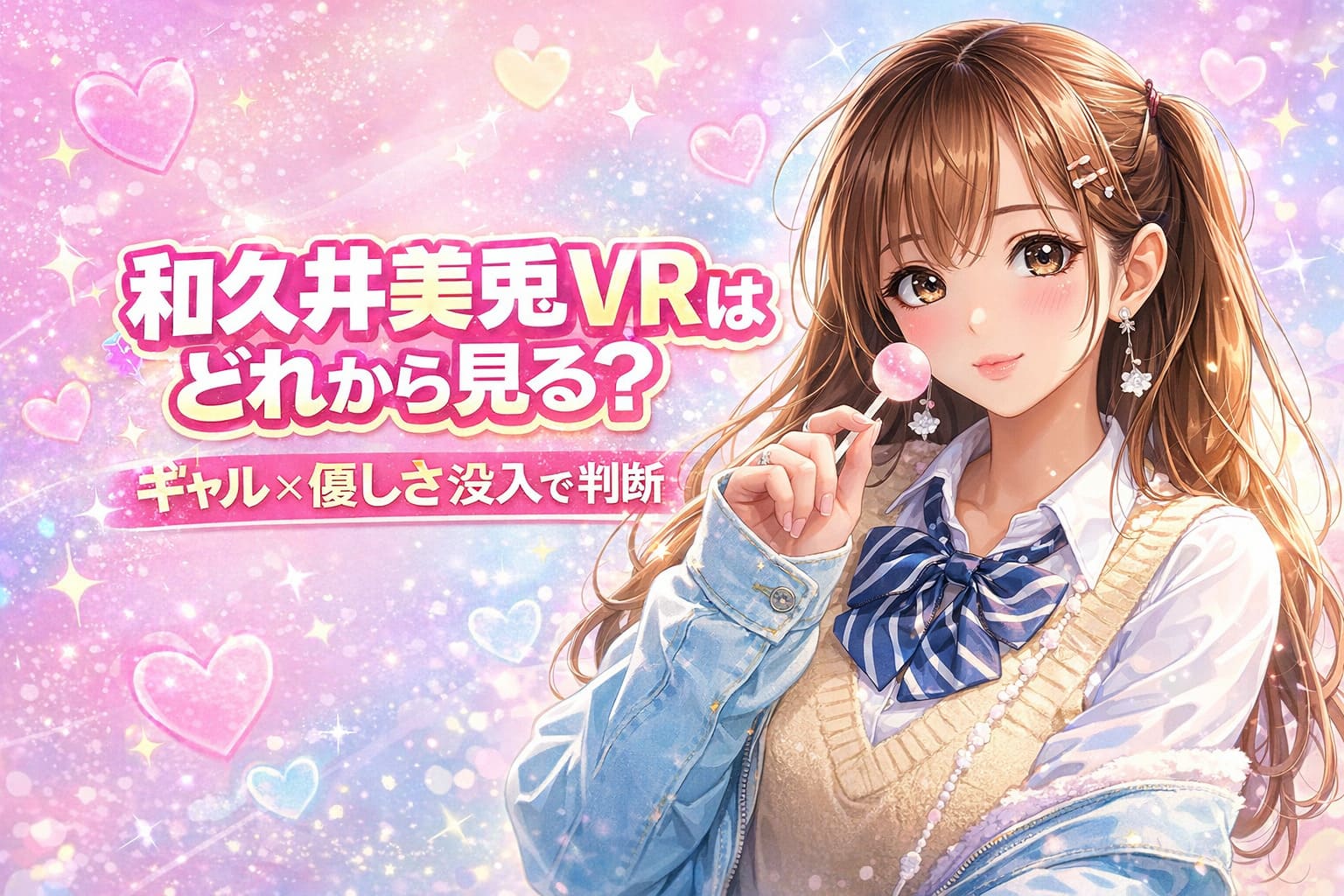ピンクとパステルブルーのグラデーション背景にハートや星のモチーフを散りばめ、アニメ調のギャル風キャラクターと大きな文字で「和久井美兎VRはどれから見る？」「ギャル×優しさ没入で判断」と配置した21:9横長アイキャッチ画像