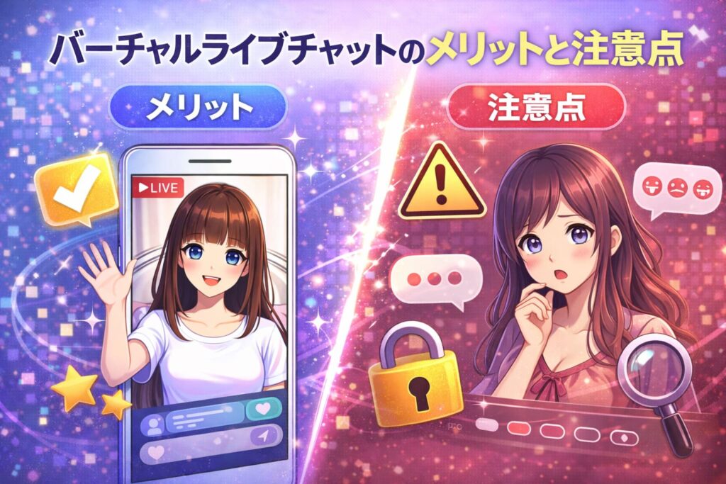 バーチャルライブチャットのメリットと注意点をイメージした比較イラスト