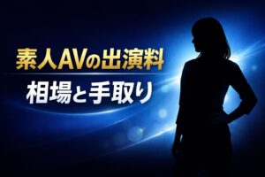素人AVの出演料の相場と手取りを解説するアイキャッチ画像。ダークブルー背景に人物シルエットと大きなタイトル文字を配置。