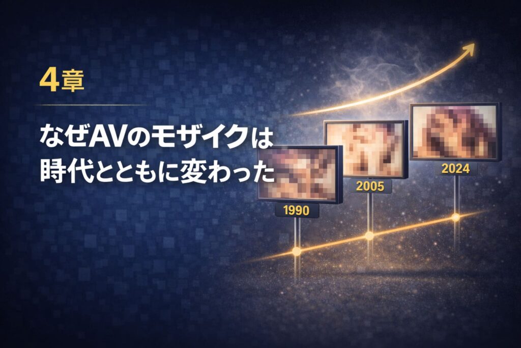 AVのモザイクが時代とともに変化してきたことを示す章の挿絵。1990・2005・2024の映像表現の変化をタイムラインで表現したイラスト。