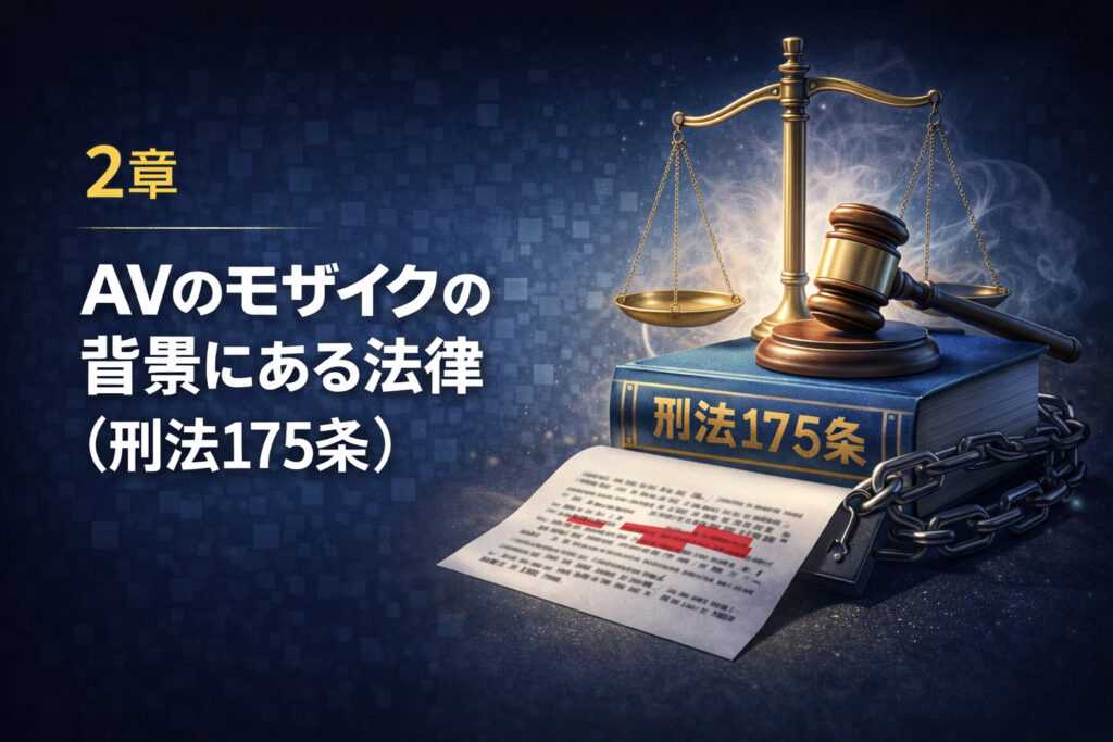 AVのモザイクの背景にある法律（刑法175条）を解説する章の挿絵。天秤や裁判のハンマーと法典で法律を表現したイラスト。
