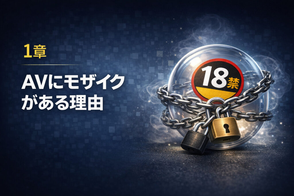 AVにモザイクがある理由を解説する第1章の挿絵。18禁マークと鎖と鍵で規制を表現したイラスト。
