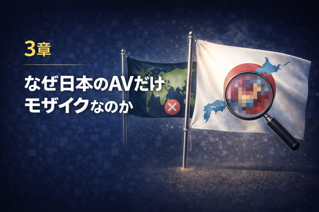 なぜ日本のAVだけモザイクなのかを解説する章の挿絵。日本の旗と世界地図を比較して日本だけ規制があることを表現したイラスト。