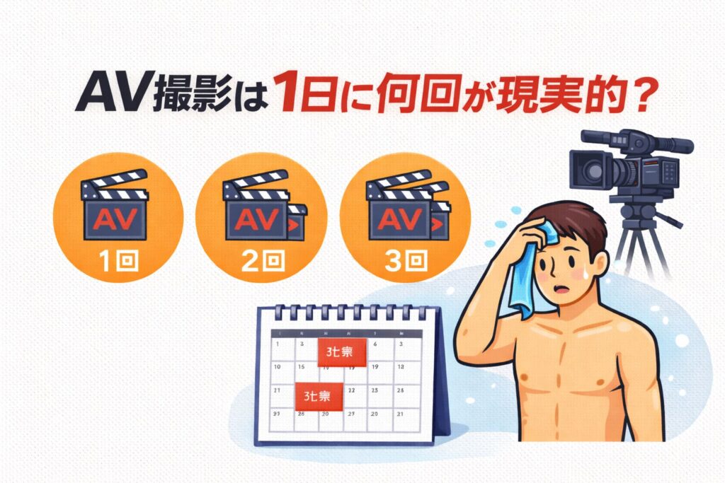 AV撮影は1日に何回が現実的なのかを説明する挿絵（1回・2回・3回のシーン数と男優の撮影イメージ）
