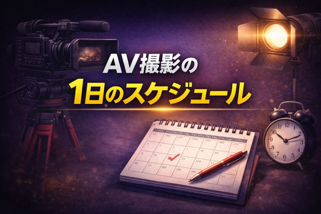 AV撮影の1日のスケジュールを解説する記事の挿絵（カメラ・照明・スケジュール帳のイメージ）