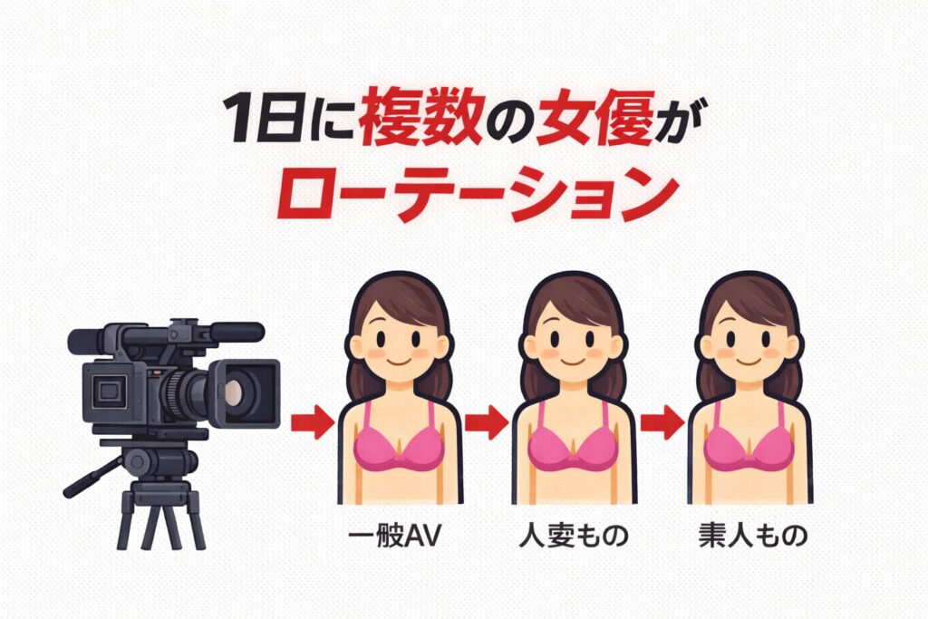 AV撮影が1日で行われる理由を説明するシンプルな挿絵（カメラと複数シーンのイメージ）