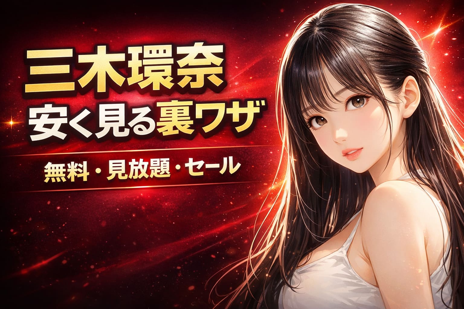 三木環奈を安く見る裏ワザを紹介する記事のブログ用アイキャッチ画像。赤と黒のグラデーション背景に、黒髪ロングのアニメ風女性イラストと「三木環奈 安く見る裏ワザ」「無料・見放題・セール」の文字が配置されたデザイン。
