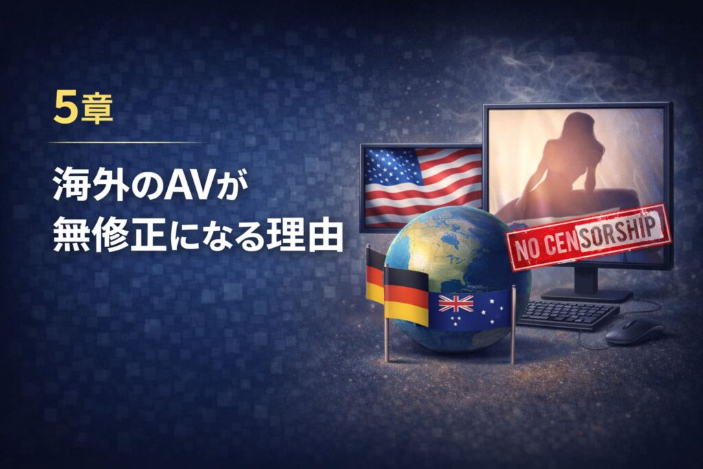 海外のAVが無修正になる理由を解説する章の挿絵。世界地図や各国の旗とモニターで海外ではモザイク規制がないことを表現したイラスト。