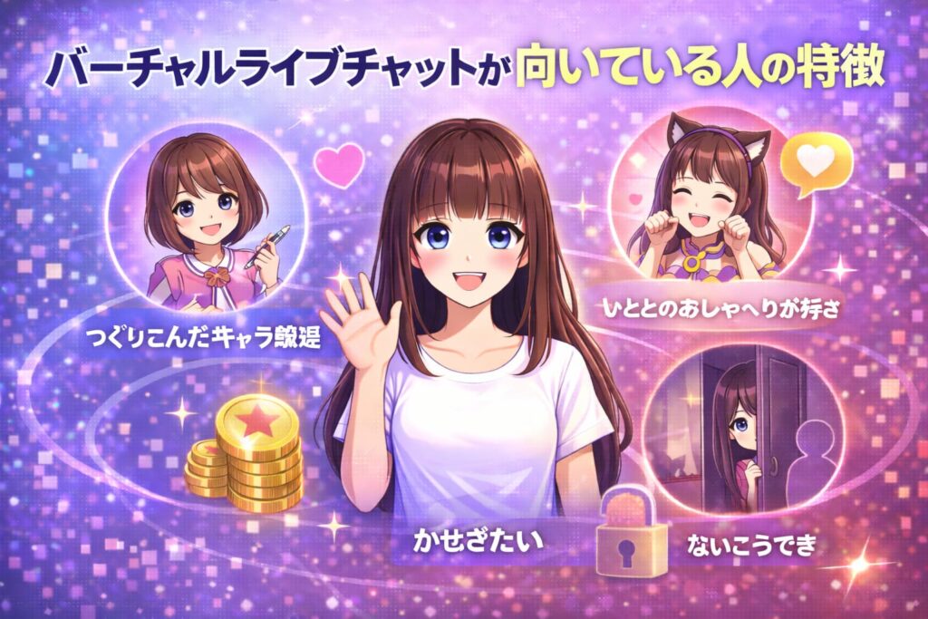 バーチャルライブチャットを使う前に知っておきたいポイントをイメージしたアニメ風イラスト