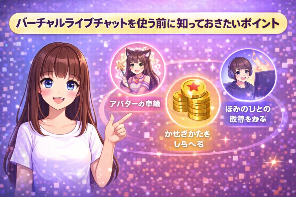 バーチャルライブチャットを使う前にチェックしておきたいポイントを説明するアニメ風イラスト