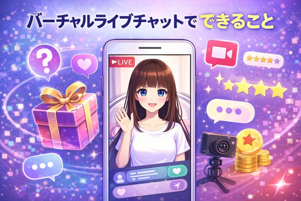 バーチャルライブチャットでできることをイメージしたアニメ風イラスト