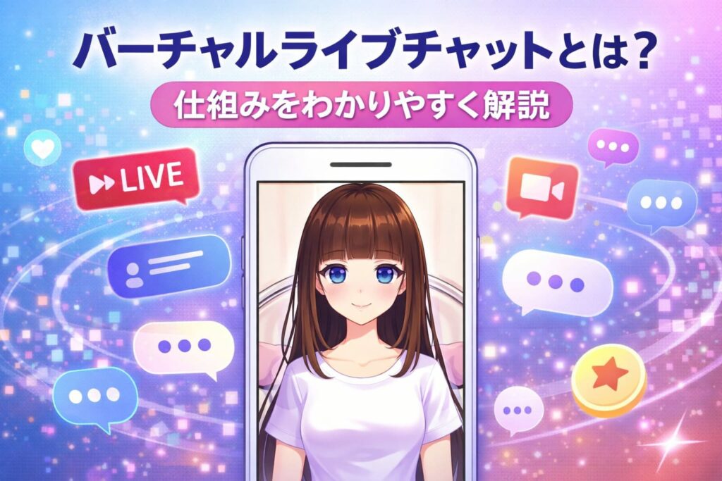 スマホ画面のアバターとチャットアイコンでバーチャルライブチャットの仕組みを説明するイラスト