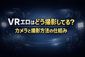 VRエロの撮影方法を解説する記事のアイキャッチ。360度カメラとVRゴーグルのイラスト背景に「VRエロはどう撮影してる？ カメラと撮影方法の仕組み」と大きく表示されたデザイン。