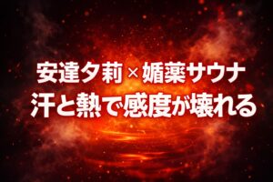 安達夕莉の媚薬サウナ作品の世界観を表現したアイキャッチ。赤とオレンジの発光と蒸気で高温と異常な熱気を抽象的に描いたデザイン。