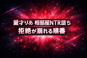 愛才りあの相部屋NTR堕ちをテーマに、拒絶が崩れる過程を抽象的に表現した赤紫の発光グラデーションのアイキャッチ画像
