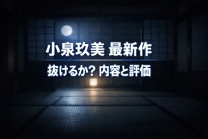 月明かりが差し込む夜の和室の障子と畳を背景に、小泉玖美の最新作レビューを示すコピー「小泉玖美 最新作/抜けるか?内容と評価」を中央に配置したアイキャッチ画像
