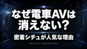 電車AVが長年人気な理由を解説するコラムのアイキャッチ画像。黒背景に「なぜ電車AVは消えない？」の文字を配置したデザイン。
